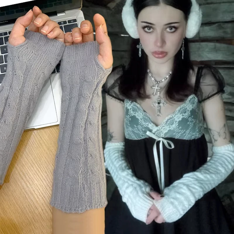 Women Long Cable Knit Fingerless Arm Warmer Thumb Hole Y2K Grunge with Thumb HoleStyle Winter Warm Arm Sleeves Gloves for Ladies
