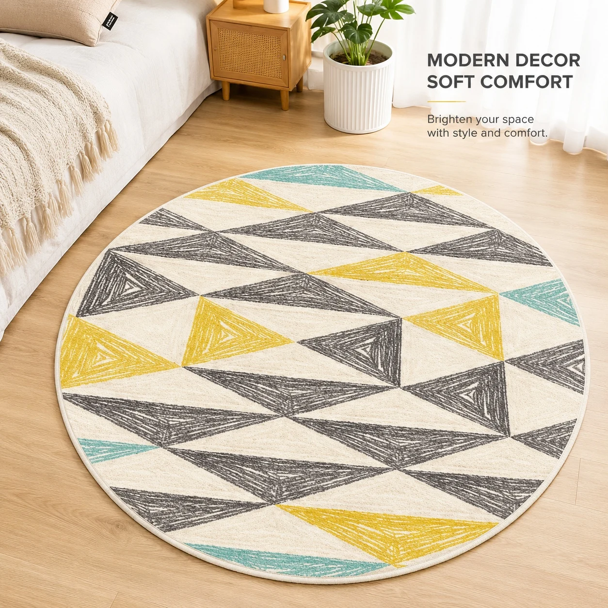 

Geometric Triangle Round Rug Yellow Gray Teal Non Slip Floor Mat Soft Indoor Door Carpet for Living Room Bedroom Decor