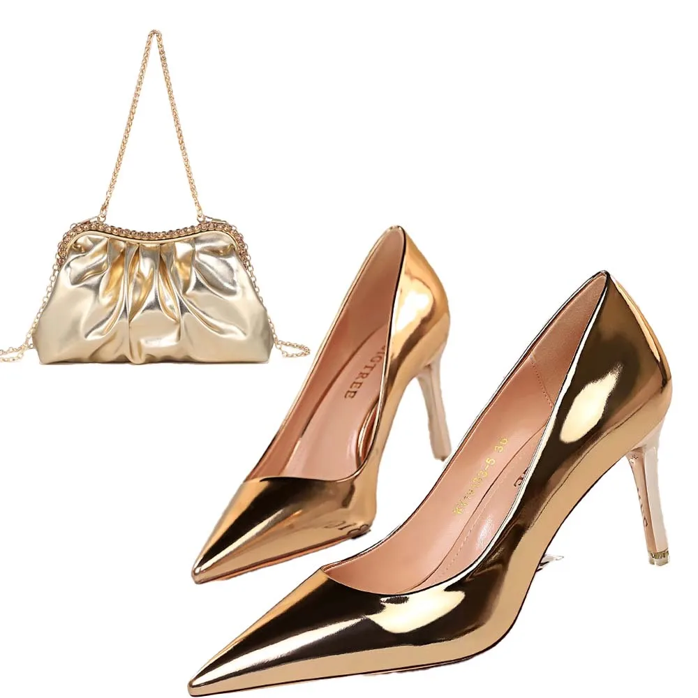 

Shoes and Bag Sets, Party Heels, Matching Bag, High Heels, Stilettos, Luxury Silver Shoes for Women, Golden Handbag, Silver Women's Shoes
