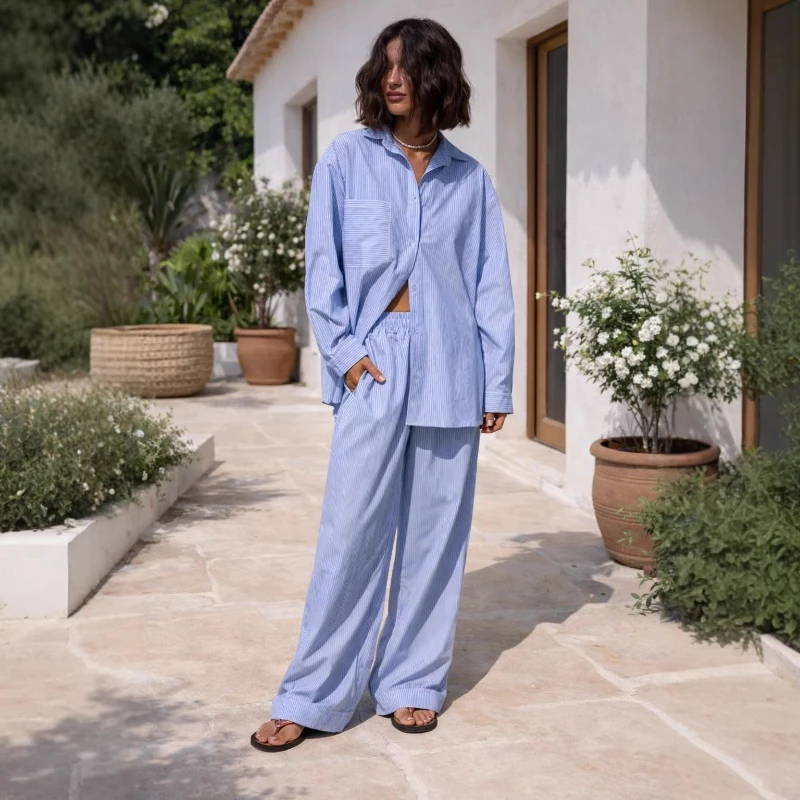 

Новый весенний комплект 2026: повседневный костюм из рубашки и брюк в тонкую полоску для женщин