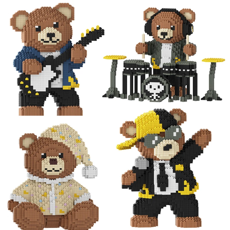 

3D DIY Brown Music Bear Band Party Building Blocks Toy Funny Animal Assembly Figure Model For Birthday Gift