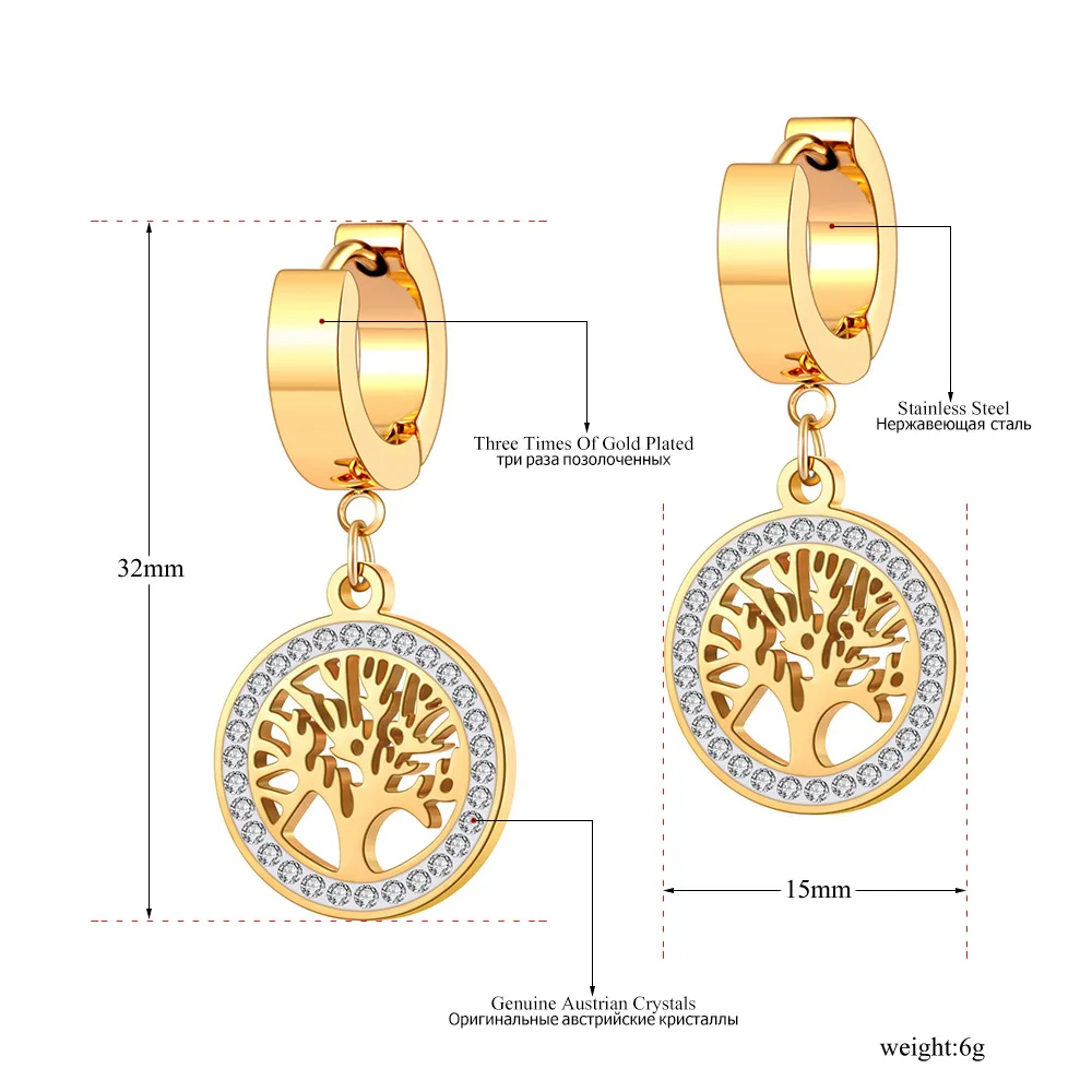 Lokaer 18K Gold Stainless Steel Bohemia Party Hoop Earrings Fashion CZ Crystal Tree Earrings Jewelry For Women Серьги E21029