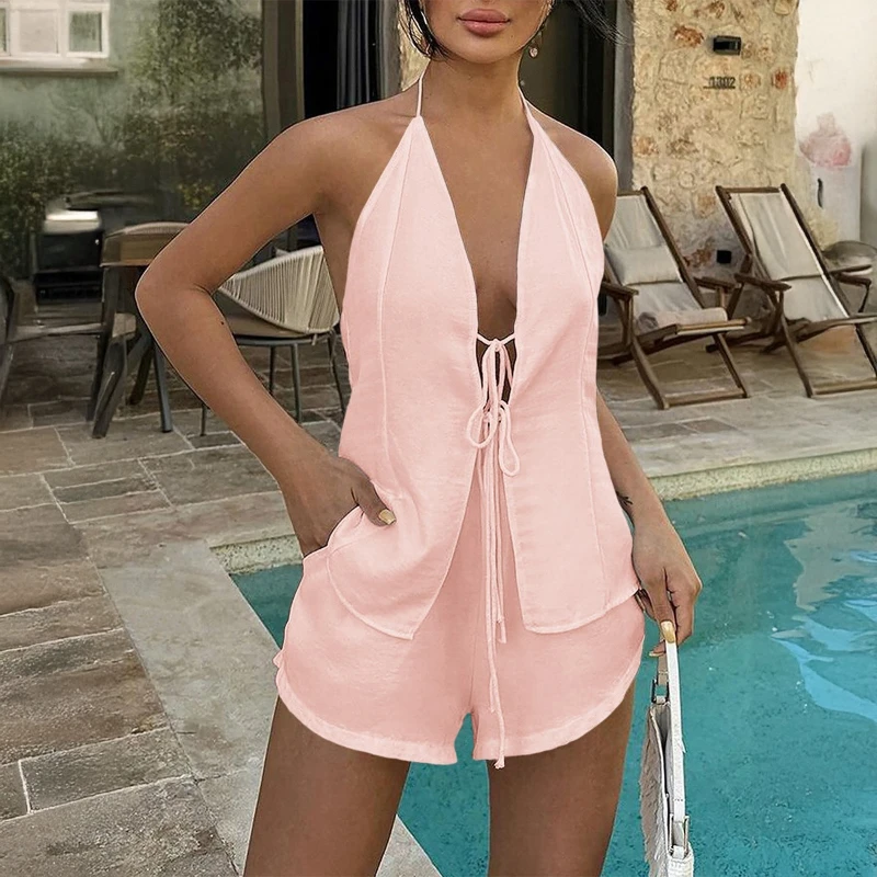 

Весенне-летний повседневный костюм с вырезом, сексуальный топ на шнуровке, брюки с высокой талией, европейская и американская трансграничная женская одежда