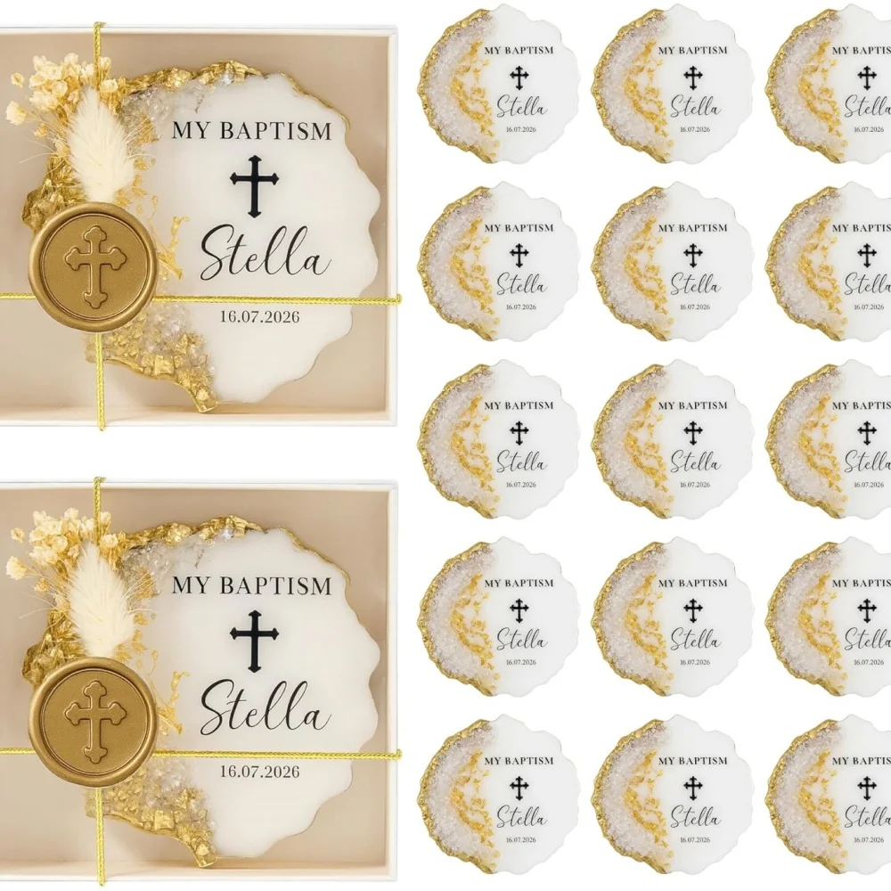 Custom Baptism Epoxy Magnet Favor for Guest, Christening Keepsake Gift, Religious Christening Favor with Cross (10 pcs Boxed)