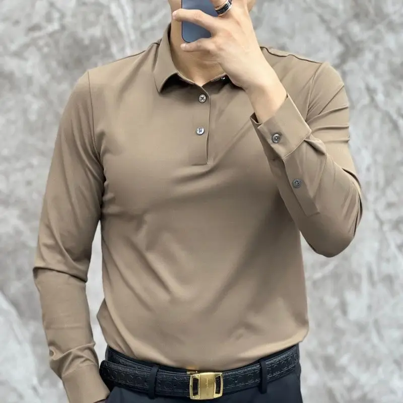 New Autumn Style Men Solid Color Anti-wrinkle Casual Versatile Long-sleeved Polo Shirt Fashionable Slim Body