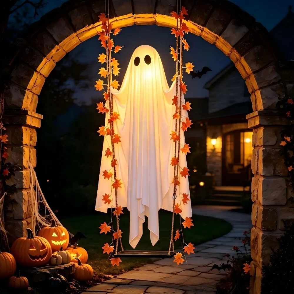 Large Hanging Swing Ghost Halloween Decoration Cute Scary Decor Maple Leaf Ghost Swing Light Funny Glowing Spooky Ghost Ornament