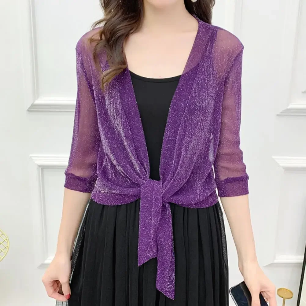 Women's Sheer Glitter Lace-up Cardigan Lightweight Jacket Half Sleeve Summer See-through Loose Blouse Women