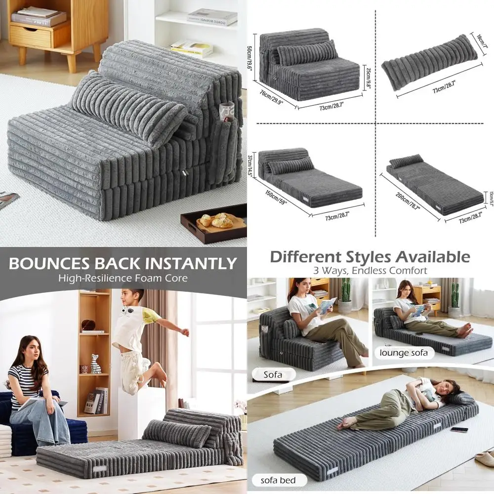 سرير أريكة سروال قصير 4 أضعاف - كرسي نوم قابل للتحويل مع وسادة مستطيلة، مرتبة أرضية للإعلان #1