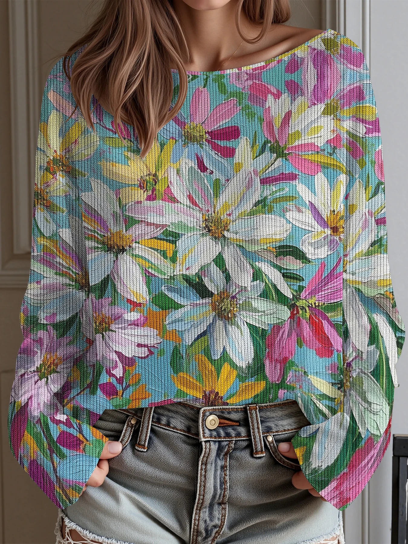 

Повседневные вязаные свитера с цветочным принтом для женщин, пуловер с круглым вырезом, свободный свитер с длинными рукавами, модные уличные джемперы, топы