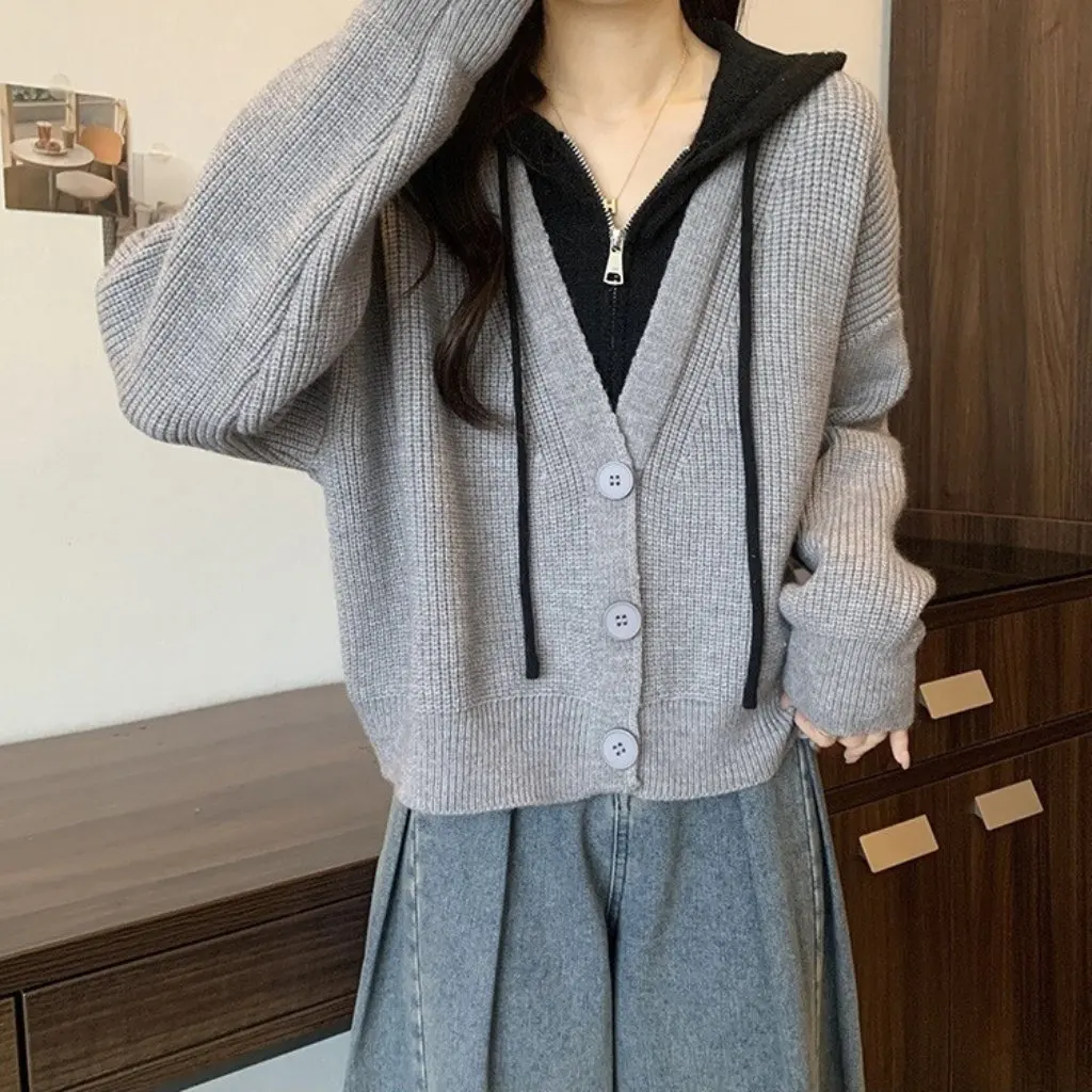 

Облегающий кардиган с капюшоном в корейском стиле, ранняя осень, повседневный вязаный свитер контрастного цвета, пальто, топ для женщин