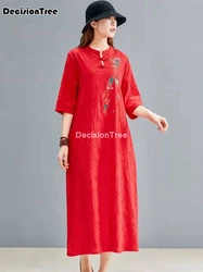 2025 chinese dress cheongsam women long qipao dress modern cotton linen cheongsam dress half sleeve embroidery cheongsam dress