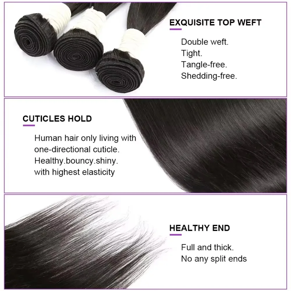 3/4 Pcs  Natural Color Straight Bundles Natural Black Weave Human Hair Bundles 40 Inches Human Hair Remy Hair For Women