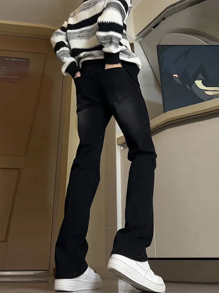 

Washed Vintage Black Jeans Men's Straight Leg Slim Fit Bell Bottoms Spring Autumn Youth Trendy Cotton Polyester Blend Jeans