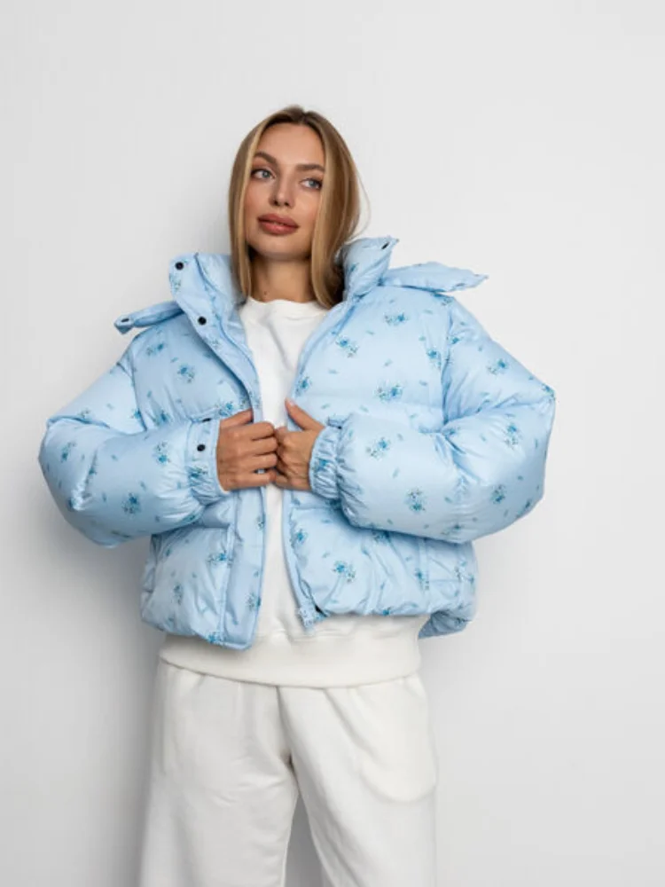 

Хлопковая стеганая повседневная куртка с цветочным принтом, женская однобортная свободная зимняя куртка на молнии с капюшоном и длинным рукавом, уличная верхняя одежда, топ