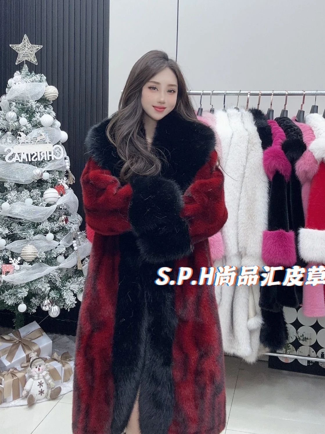 Fashion Water Ripple Faux Fur Coat Women 2024 Winter New Red Fur Thicken Big Fur Collar Long Sleeve European Mink Coat Female