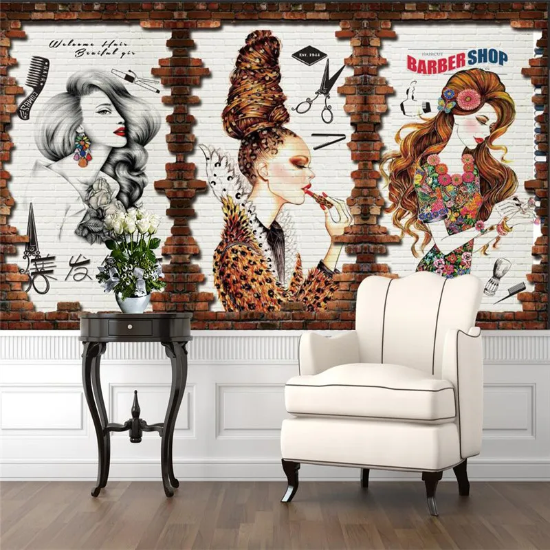 

Custom Retro Barber Shop Beauty Salon Industrial Decor Background Mural Wallpaper 3D Hair Salon Hairstyle Center Wall Paper 3D