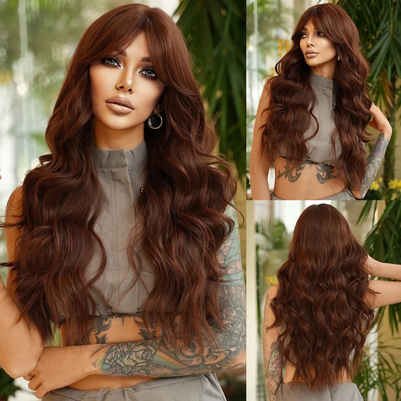 Cocoa brown long curly hair with side bangs, large waves, synthetic high-temperature fiber wig for women