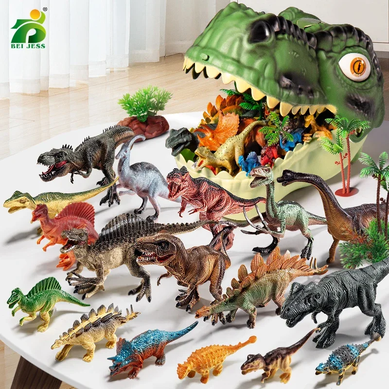 Multiple Realistic Dinosaur Toys Set with Dinosaur Mouth Storage Container, Kids Educational Play Gift