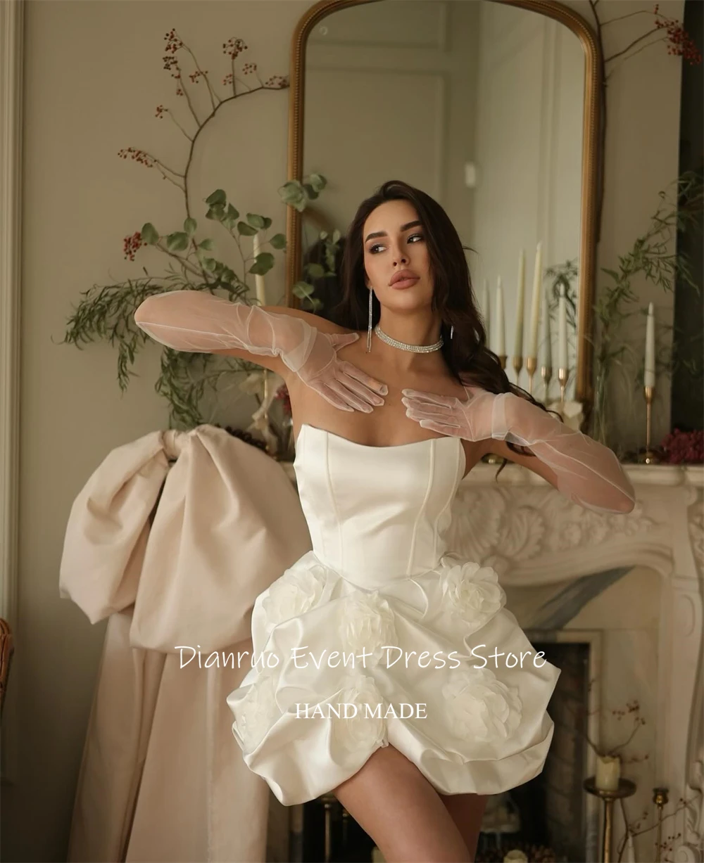 Dianruo 수제 흰색 주름 웨딩 드레스 현대적인 베스티도 드 노이바 미니 모던 3D 꽃무늬 홈커밍 드레스 맞춤 제작