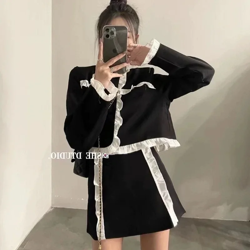 Insozkdg Skirt Suits Women Autumn Ruffle Panel Blazer Suits Coat Skirts Sets Vintage Crewneck Blaze Skirt Two-Piece Sets Women