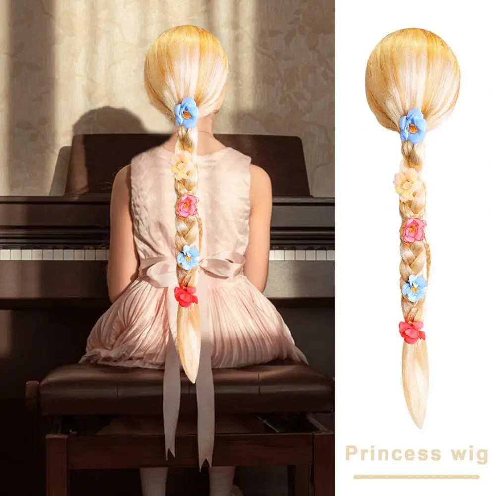 Princess Dress-up Wigs Braided Hair Extension Hairpiece Flower Decor Natural Smooth Girls Cosplay Wigs Party Performance Costume