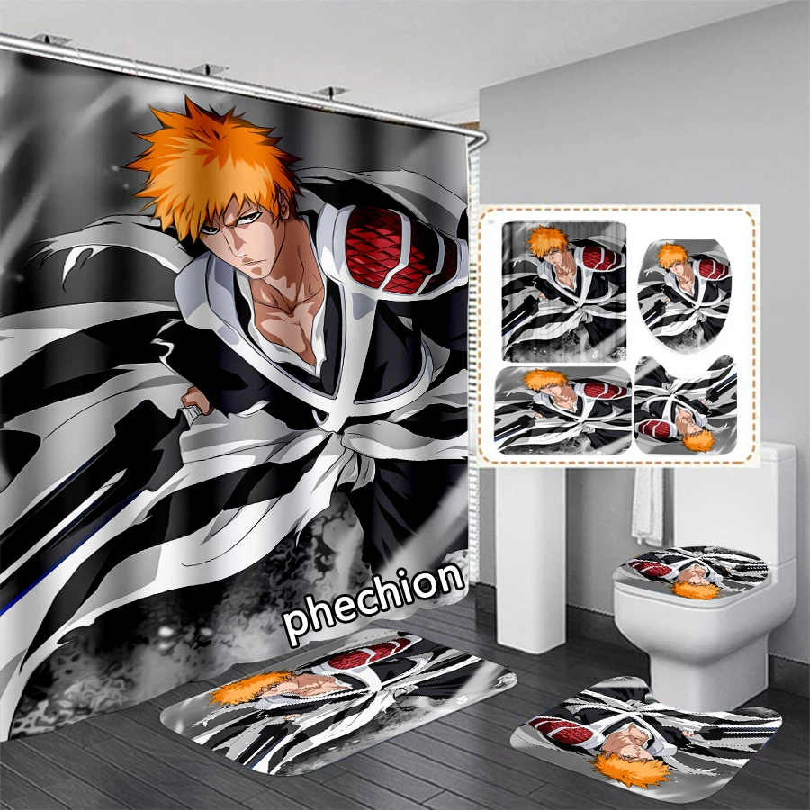 phechion New 3D Print Bleach: Thousand-Year Blood War Shower Curtain Waterproof Bathroom Curtain Anti-slip Bath Mat Set VR253