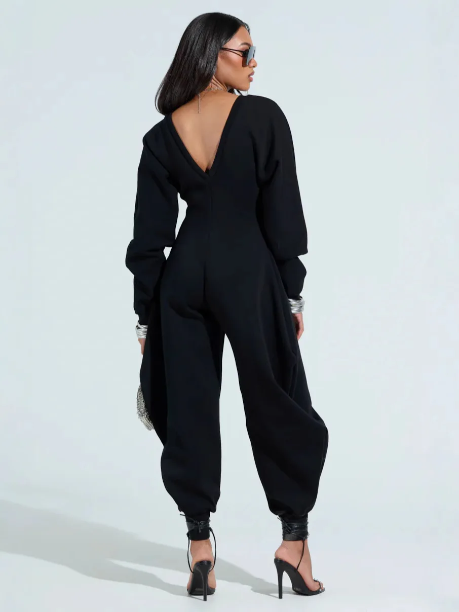 بدلة قفز جذابة على شكل حرف v بدلة قفز متوهجة بأكمام طويلة رومبير للتخسيس عالي الخصر