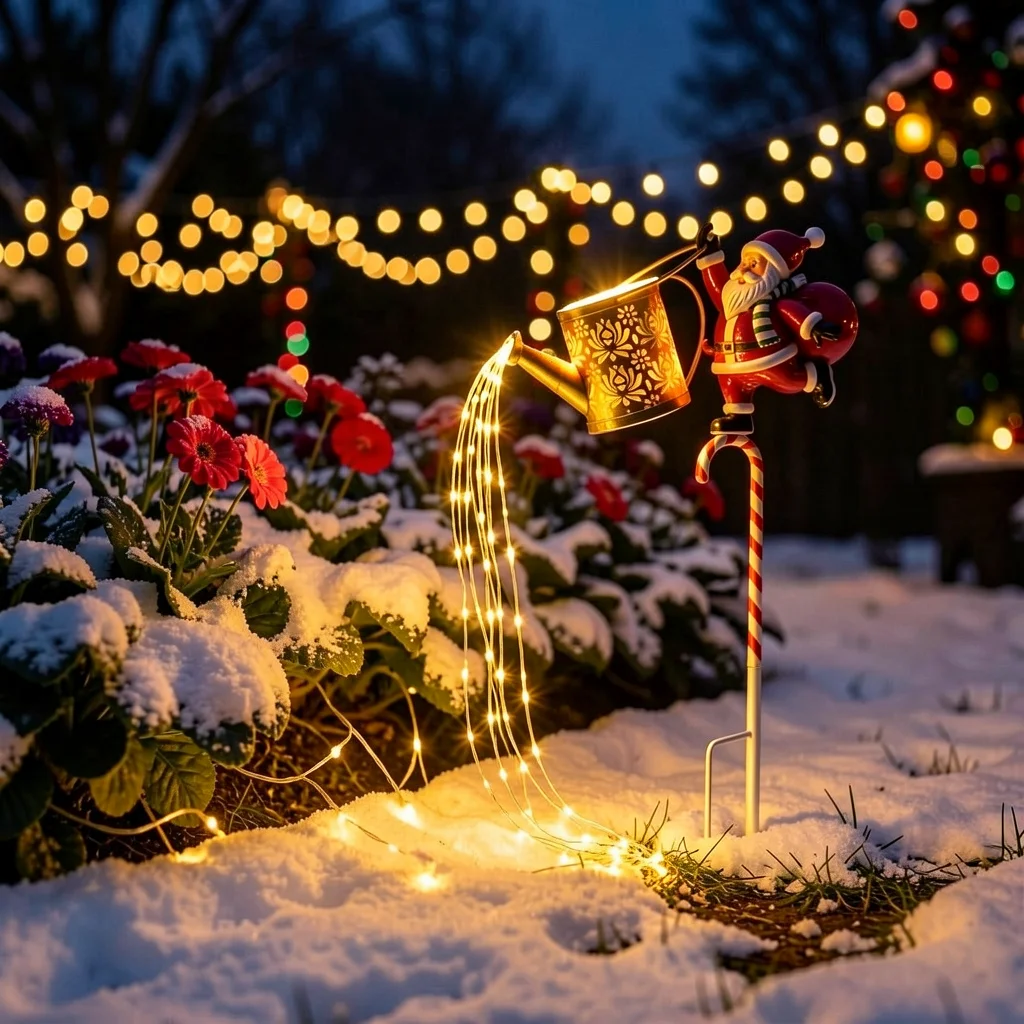 Santa Garden Stake Light Outdoor Hollow Metal Watering Can Light Led Outdoor Ground Stake Light Metal For Flower Beds Seasonal