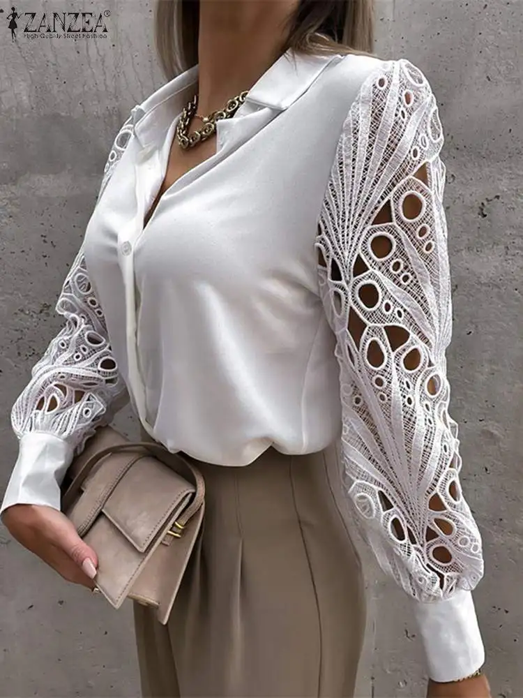 ZANZEA OL Lapel White Shirts Elegant Commuting Tops 2023 Fashion Casual Blusas Women Hollow Out Summer Lace Long Sleeve Blouses