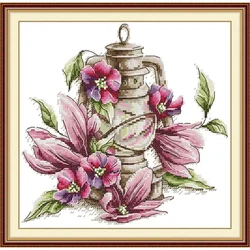 Joy Sunday Pre-printed Cross Stitch Kit  Easy Pattern Aida  Stamped Fabric Embroidery Set-Magnolias and Lamps
