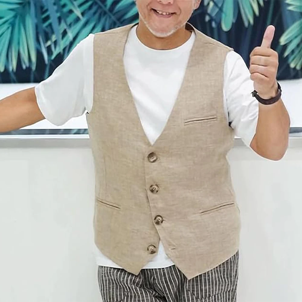 

V Neck Men's Casual Linen Vest Business Lightweight Waistcoat Slim Fit Suit Vest For Summer Wedding