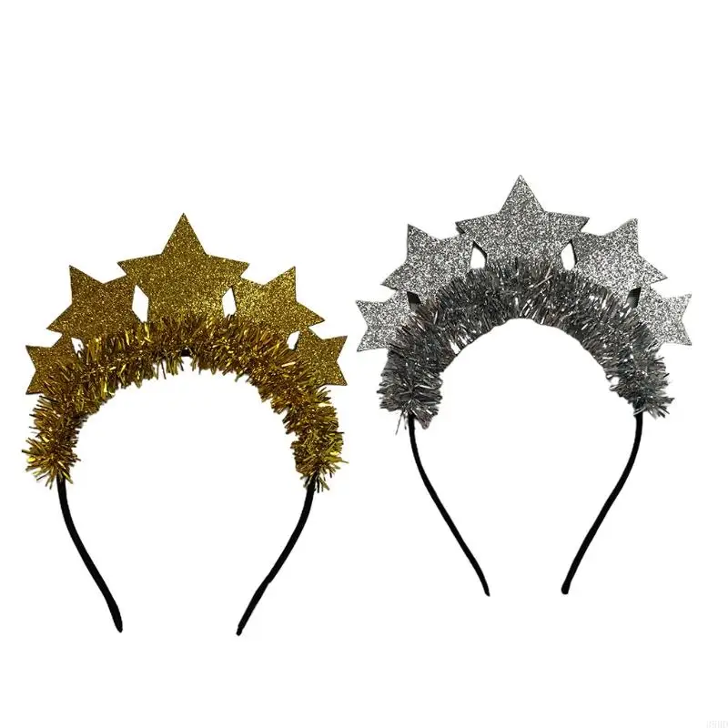 

39BD New Year Hair Hoop Favors Star Glitter Tinsel Headdress New Year Christmas Party Headbands for Creative Photo Props