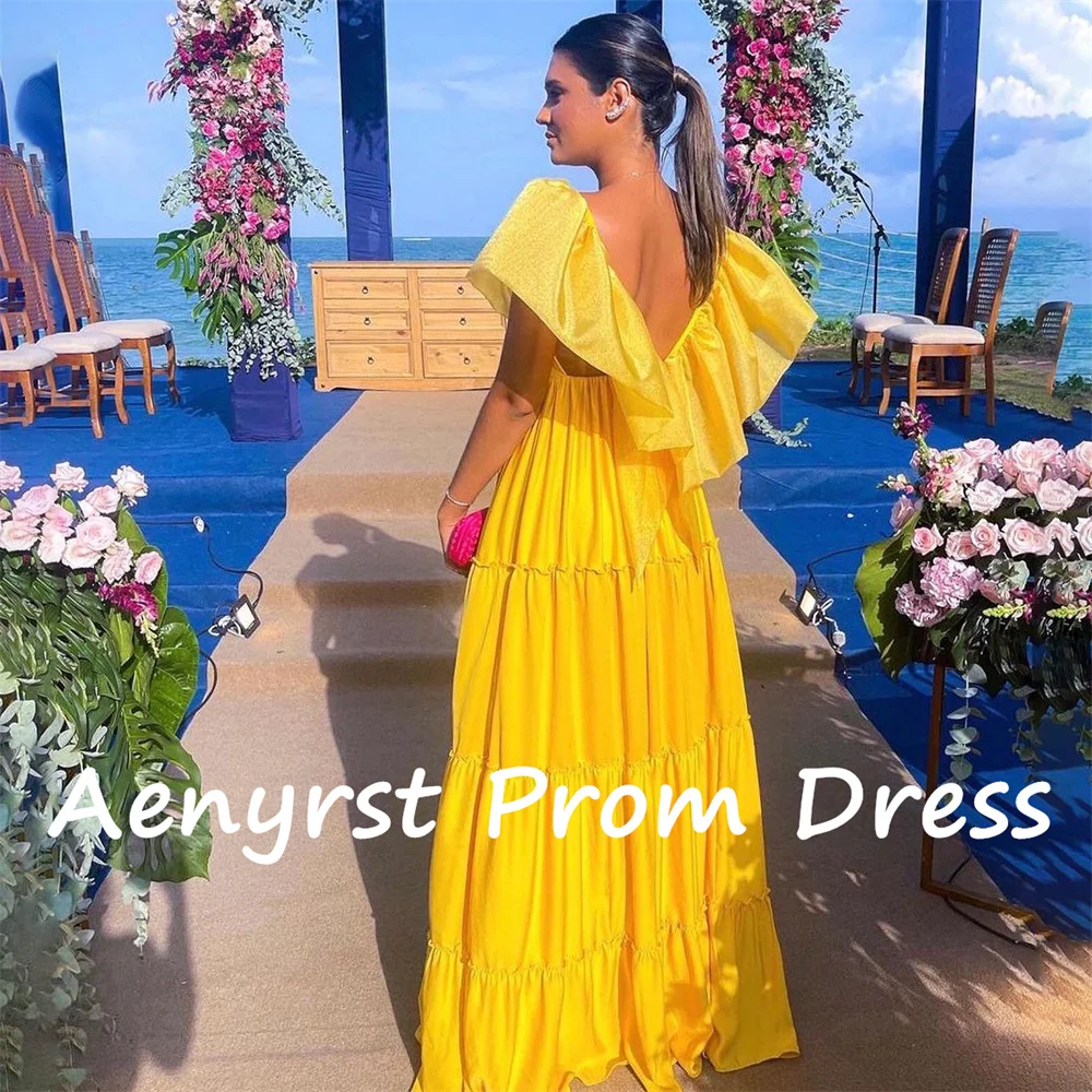 Aenryst Yellow V Neck Ruffles A Line Prom Dresses For Women Draped Backless Evening Dress Floor Length Party Gowns Custom Made