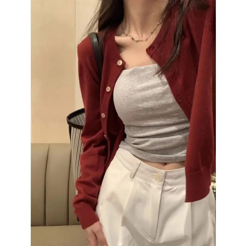 2026 Korean Version Sweet Spicy Slimming Casual Thin Short Knitted Cardigan High-Quality Fashion for Figure O-neck Office