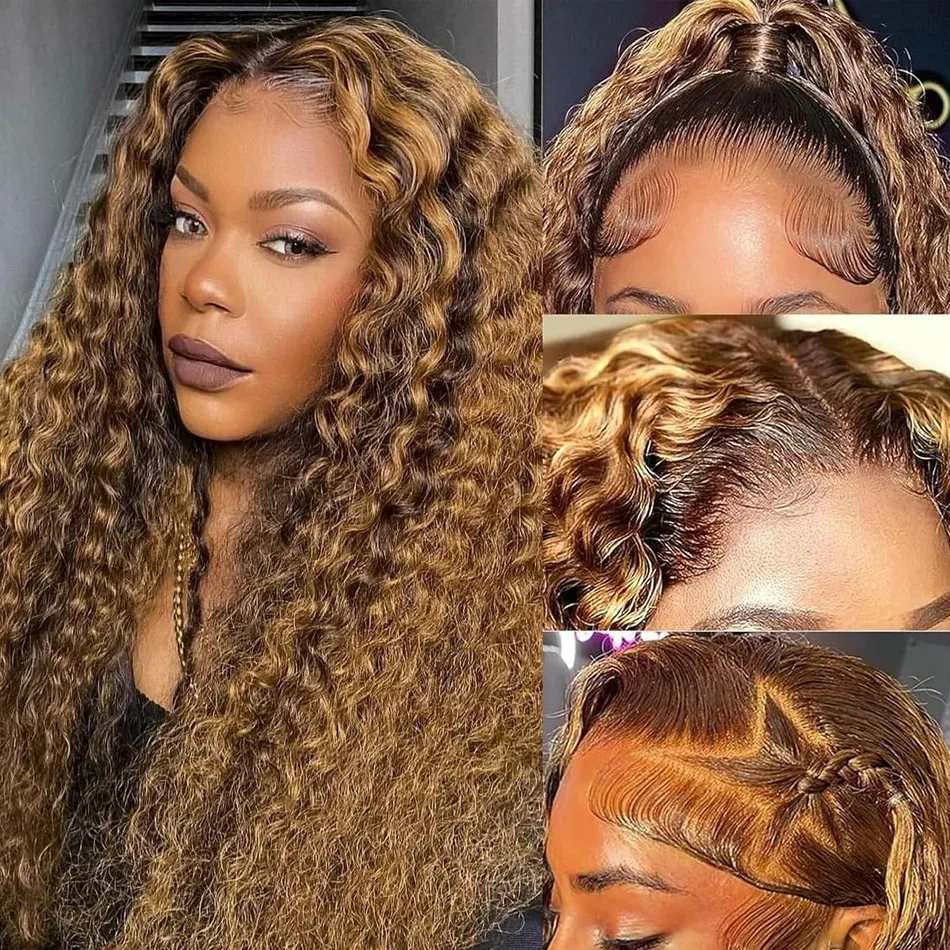 Deep Wave Curly Human Hair Wig Honey Blonde Highlight Wig Human Hair 5x5 HD Lace Closure Wig Glueless Wigs Human Hair For Woman image 4