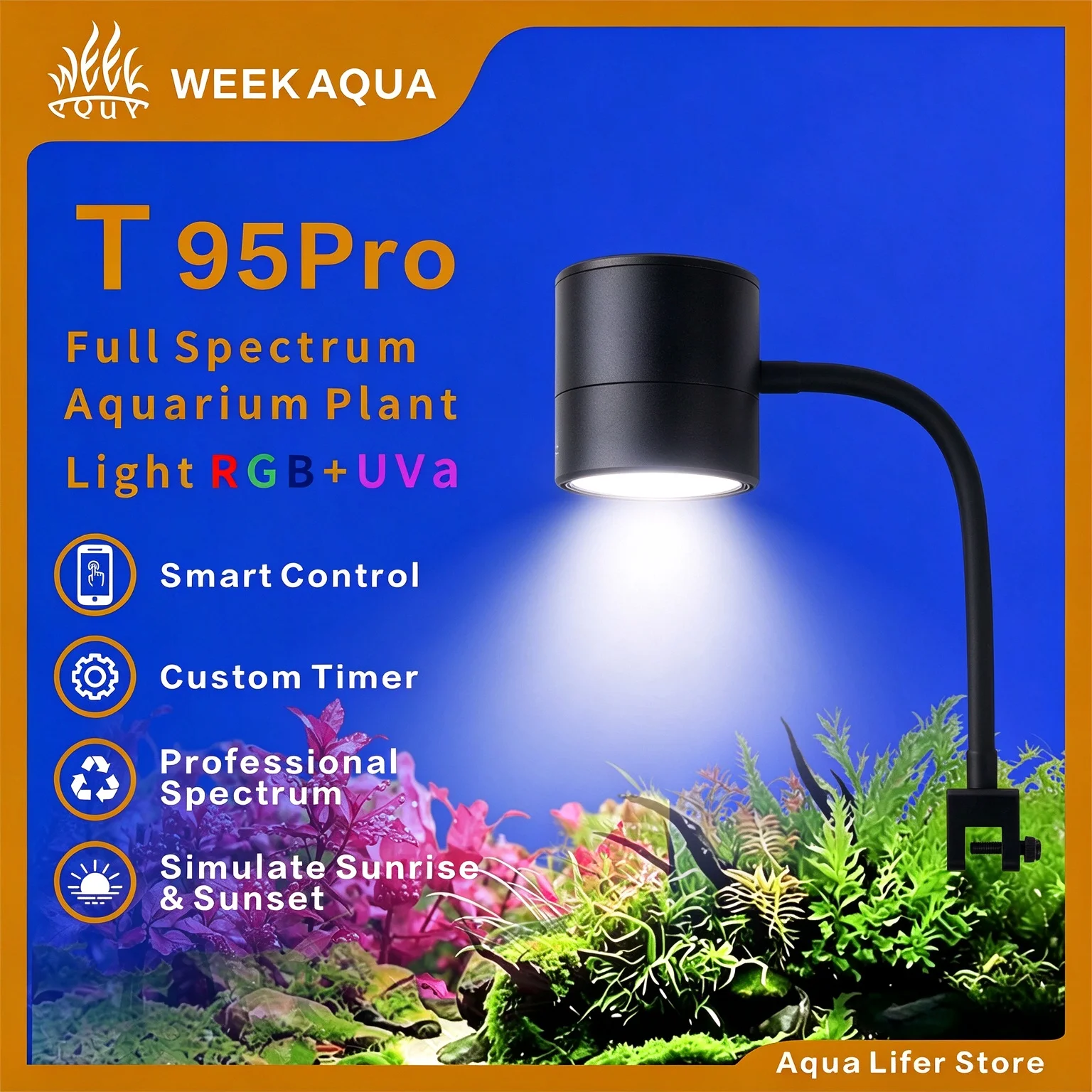 WEEK AQUA Full‑Spectrum RGB+UVA Aquascape Light T95PRO for Planted & Native Stream Tanks, Bluetooth APP Dimming and Timer