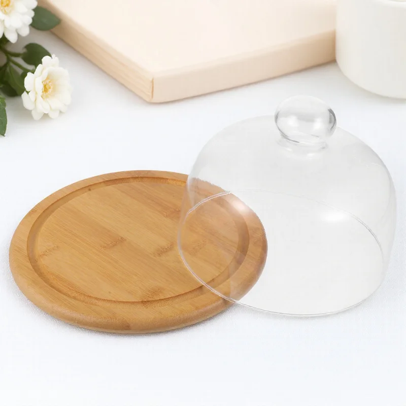 

1Pcs Food Display Stand Bamboo Tray with Glass Cover Useful for Housewarming Gifts Bamboo Tray with Glass Cover