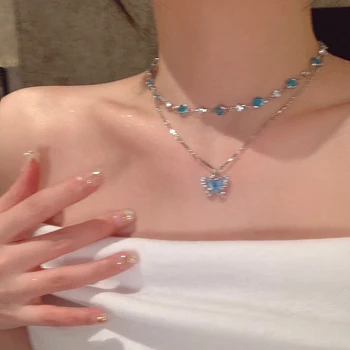 Kuss Schmuck Sommer Blau Schmetterling Anhänger Halskette Frauen Coole Mädchen Y2K Doppel Kette Luxus Runde Strass Halsband Kragen