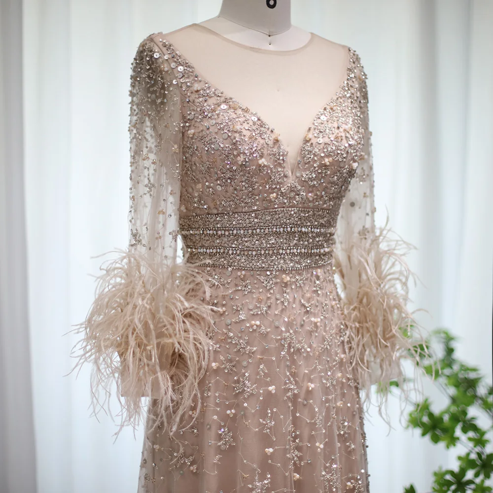 Sharon Said Luxuriöses Abendkleid mit Perlen und Silberfedern in Champagner für Damen, Hochzeit, Bankett, formelle Gala, Partykleid SS101, Maßanfertigung – Detail 5