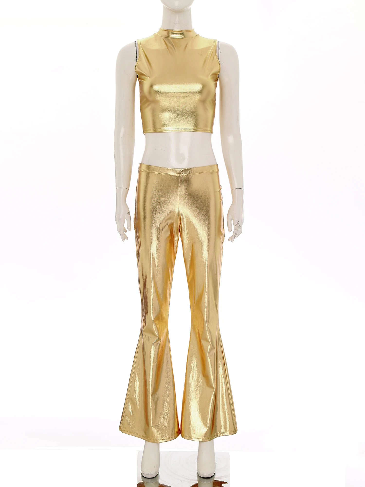 Women Metallic Shiny 70s 80sDisco Dance Outfit Party Sleeveless Crop Top And Bell-bottom Flared Pants Club Stage Performance Set