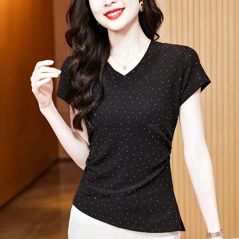 M-3XL الصيف قصيرة الأكمام الخامس الرقبة المرأة تي شيرت موضة عادية الساخن الماس بلون شبكة القمم الملابس السوداء #5