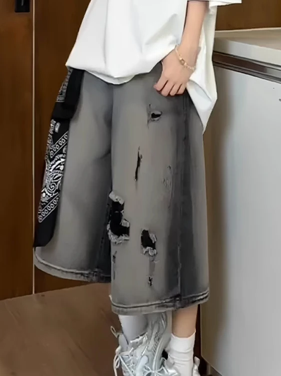 

American Sle Ripped Denim orts Men's Summer Thin Wide Leg Seven Parts Trendy Brand Poor Man's Pants INS Straight Leg