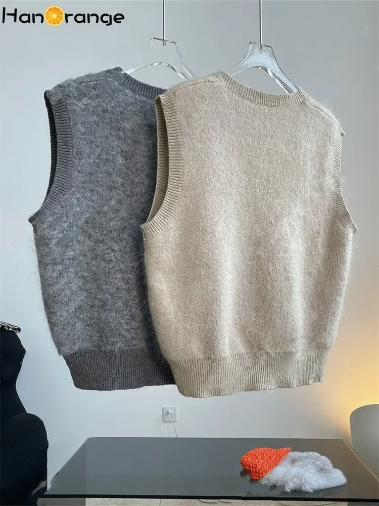 HanOrange 2024 Autumn Winter Simple Soft Mohair V-neck Sweater Women Knitted Vest Grey/Oat