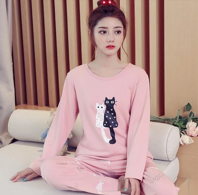 

Женский милый пижамный комплект с кошачьим принтом, футболка с длинными рукавами и длинными брюками, мягкая приятная для кожи ткань, свободная одежда для сна, домашняя одежда