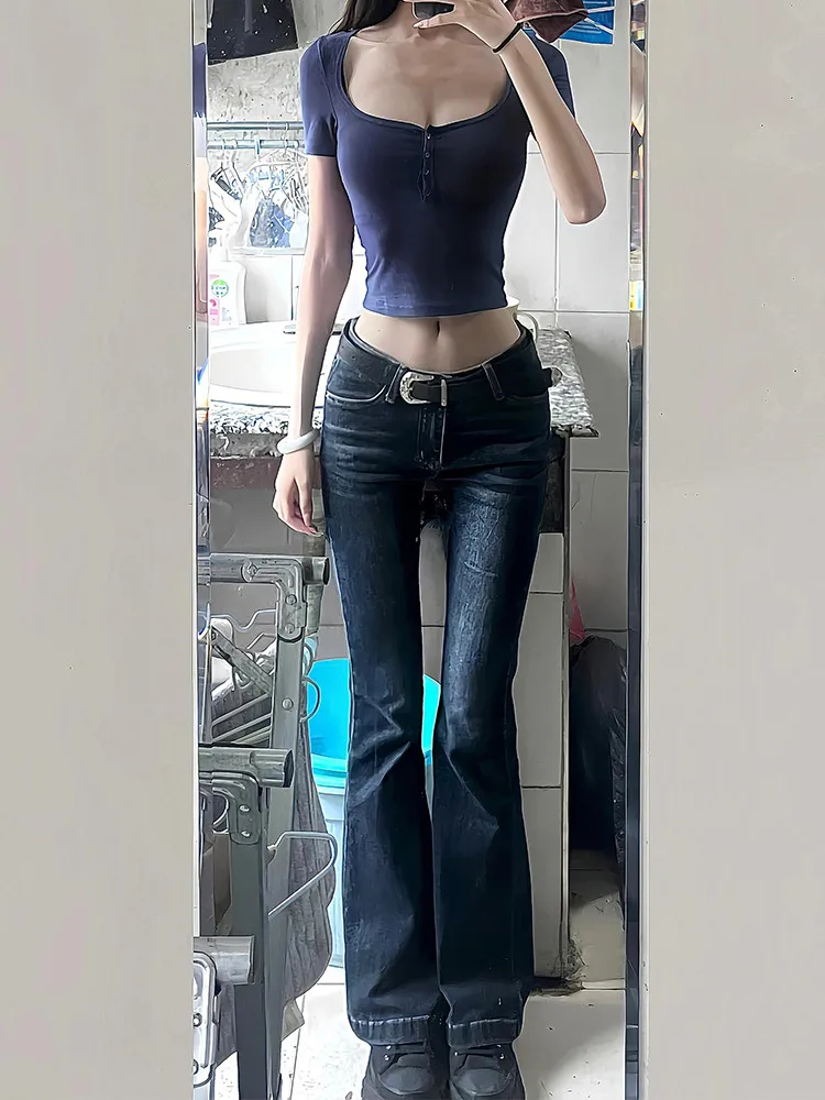 

Extended Low Waist Bell Bottom Deep Blue Denim Jeans Women's Slimming Trousers for Tall Women 175cm plus Size Autumn Wear