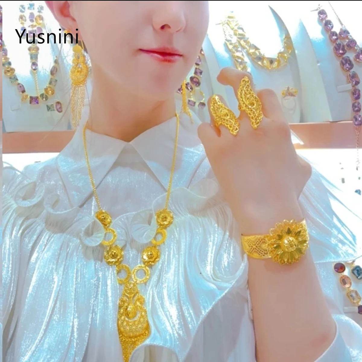 New French Dubai High end 24K Gold Plated Necklace Earrings Rings Bracelets Exquisite Wedding Party Jewelry Set for Lovers 888