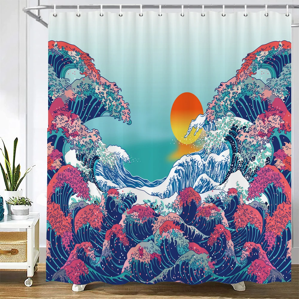 

1 pack Japanese style waves pattern polyester shower curtain waterproof cloth bathroom partition curtain home decorative curtain