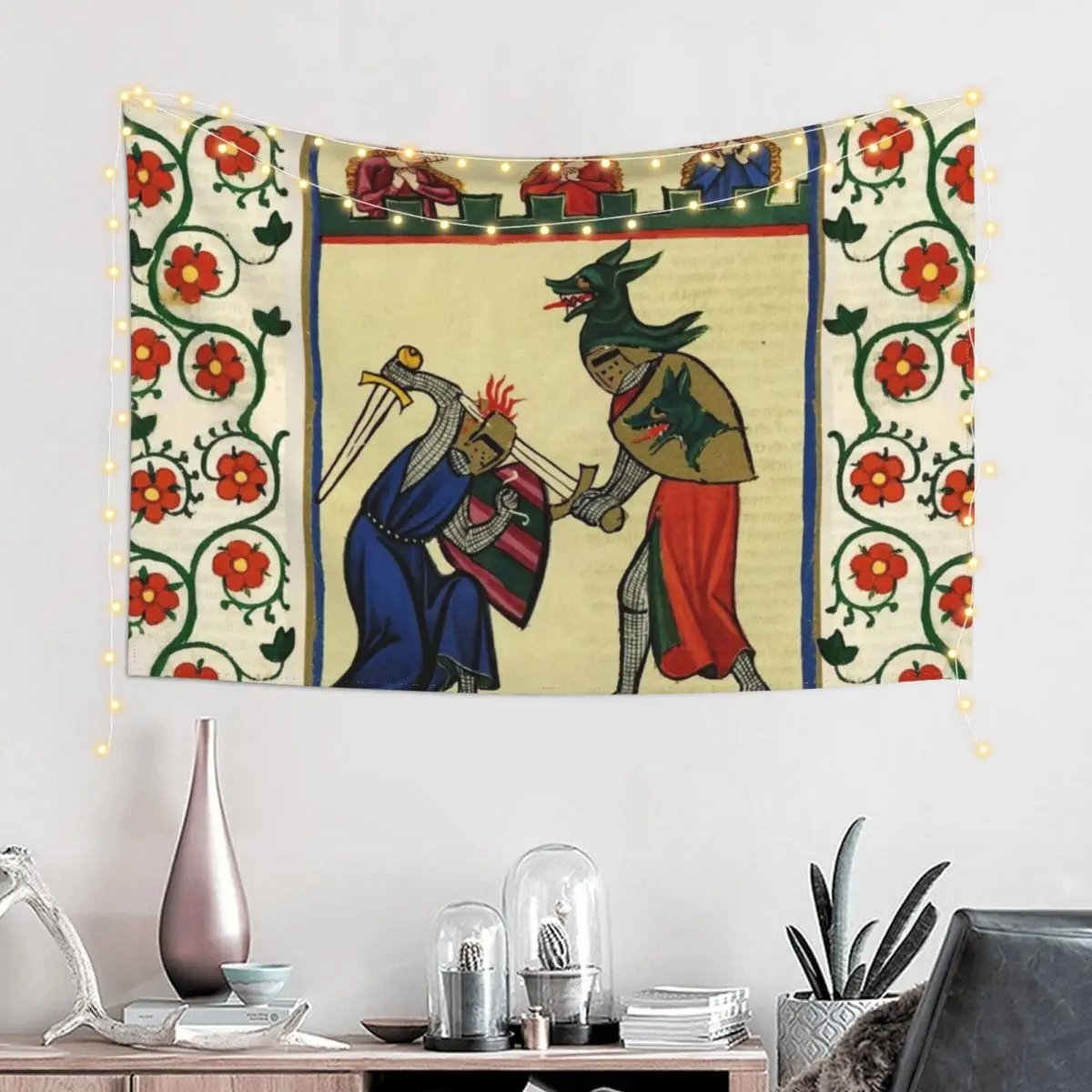 KNIGHT OF WOLVES COMBATTING IN TOURNAMENT, MEDIEVAL MINIATURE WITH WILD ROSES Tapestry Bedrooms Decor On The Wall Tapestry