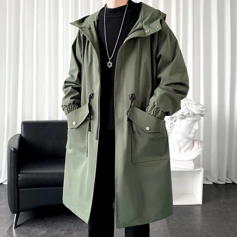 Spring Autumn Men's Jacket Long Trench Coat Oversized Solid Color Men's Mantle Big Pocket Fashion Hoodie Men's Clothing