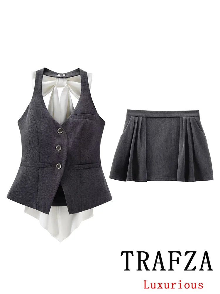 TRAFZA Vintage Women Suit Patchwork Bow Lace-up Halter Backless Short Vest Short Straight Skirt Fashion 2024 Spring Summer Sets